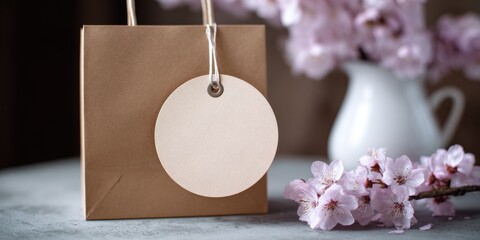 High-quality photo of round blank sticker mockup, circle tag mock up on kraft paper gift bag, adhesive thank you card, round product label, pink flowers.