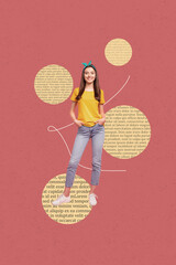 Trend surreal collage of person stand on red background with book page circle shape