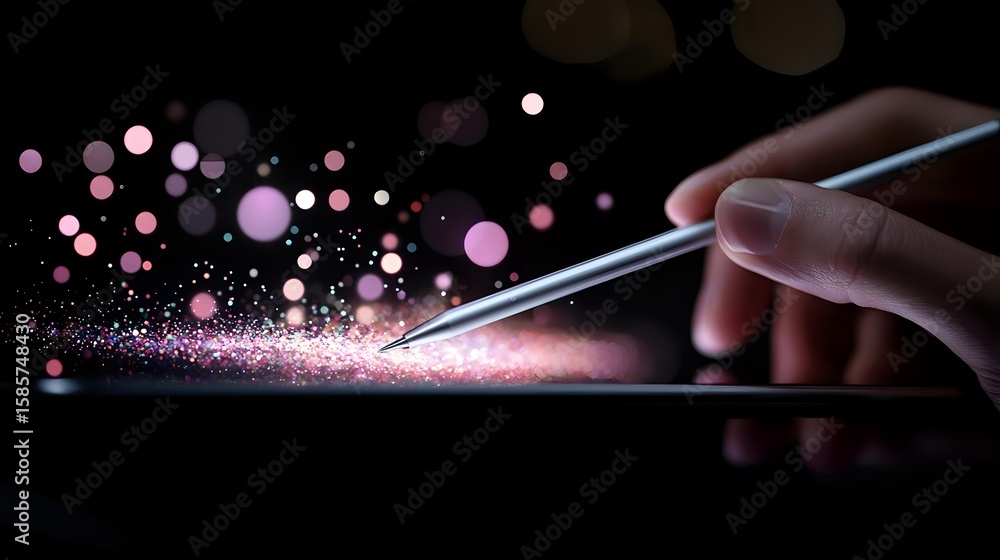 Poster magical pink glowing particles float above digital tablet screen while finger touches stylus pen in 