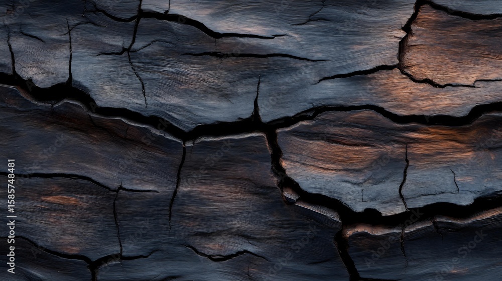 Poster dramatic cracked surface with deep fissures in dark stone texture, illuminated with copper highlight