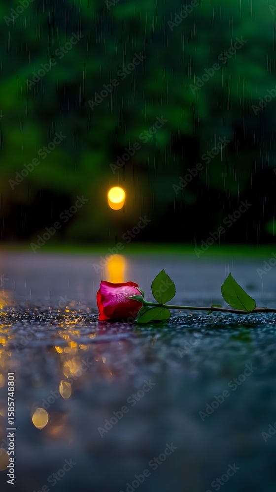 Aufkleber single red rose lying on wet ground during rainfall with glowing moon and reflection creating romant