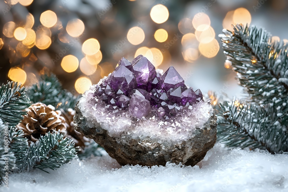 Poster raw amethyst crystal cluster nestled in snow with pine branches and bokeh lights creating magical wi