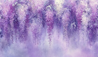 Purple wisteria blooms, soft pastel tones