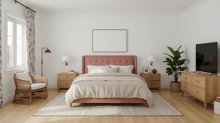 Modern Minimalist Bedroom Interior:  Neutral Tones, Rattan Accents, and Dusty Rose Bedding.