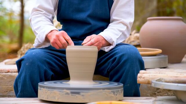 A potter shapes clay on a spinning wheel outdoors