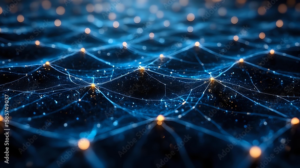 Aufkleber glowing network connections with orange nodes on dark background forming digital landscape. abstract