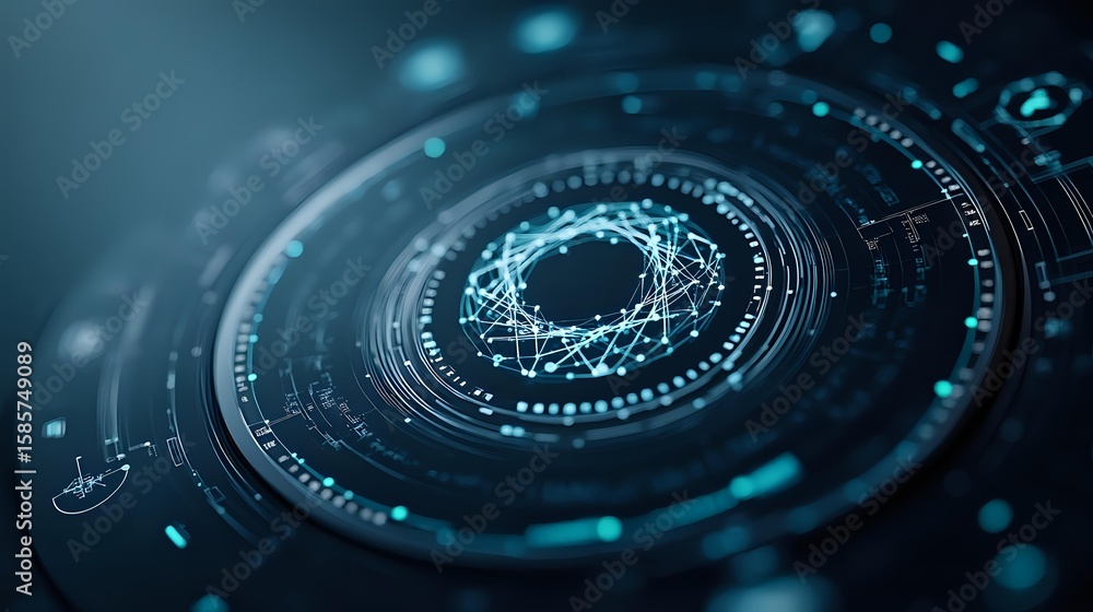 Poster glowing blue circular network pattern with connected dots and lines on dark background creates futur