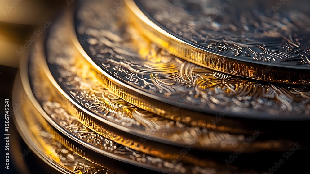 Poster antique golden coins with ornate patterns and detailed engravings stacked in layers creating depth a