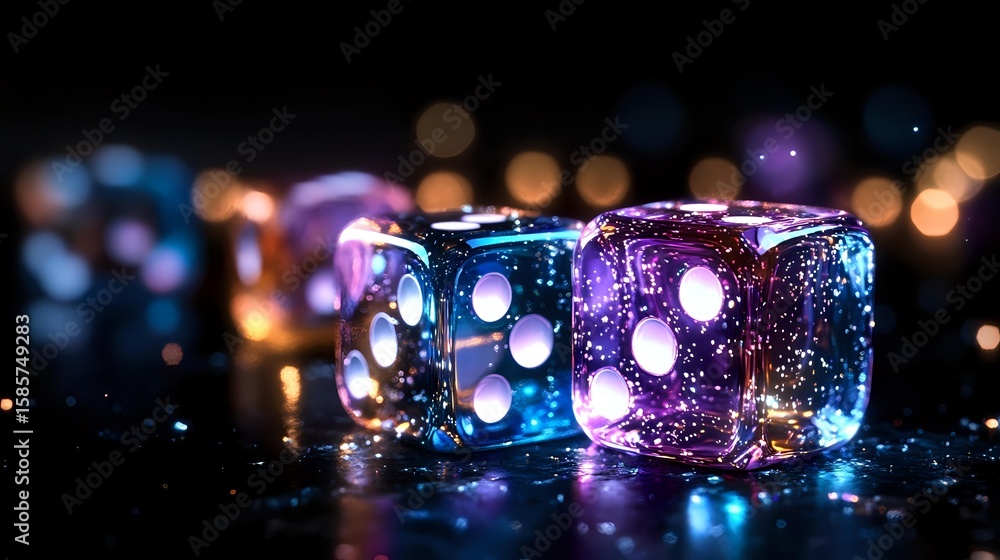 Poster glowing dice with blue and purple neon lights on dark background with bokeh effects create magical a