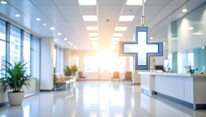 Bright Modern Hospital Interior with Cross Symbol
