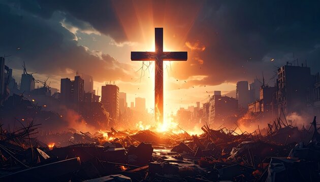 Hope Shines Through Ruins A Cross in a Post-War City