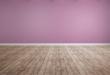 Empty space featuring light oak plank floor, muted pink wall, white trim in flat design