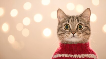 Adorable tabby cat wearing a cozy red striped sweater with bokeh lights