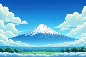 Majestic snow capped mountain under a vibrant blue sky with fluffy clouds