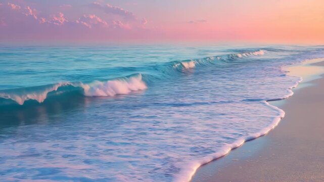 Waves gently rolling onto a soft, sandy beach at sunrise, bathed in warm, pastel colors, creating a serene and peaceful coastal scene.