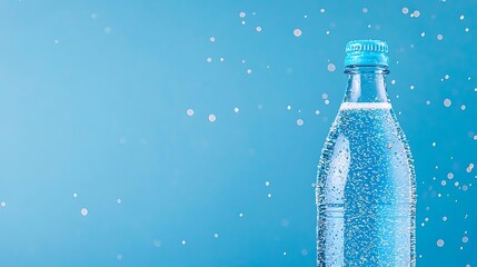 Sparkling water bottle with bubbles against a blue background