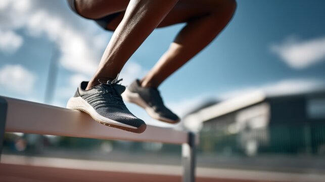 Athlete performing hurdle jump in low angle shot, showcasing athletic footwear and dynamic movement. scene captures energy and determination of sports training outdoors