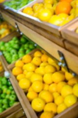 Fruits in wooden crates at supermarket
