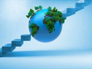 3D Earth sphere is featuring green trees on brown continents, showing stone steps and light rays