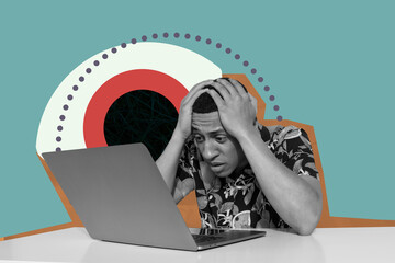 Collage of stressed person under large symbolic eye representing surveillance spying fear control...
