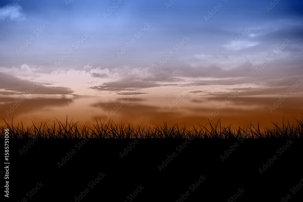Poster displaying silhouetting tall grasses spanning width, showing layered clouds and gradient dawn sky