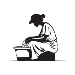 A vector sketch illustration of a person washing clothes by hand, showcasing traditional laundry methods and daily household chores