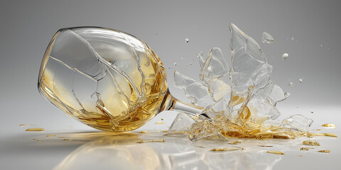 Hyper realistic image of shattered wine glass with golden liquid spilling out, creating dynamic and dramatic scene. glass fragments are scattered, capturing motion and chaos