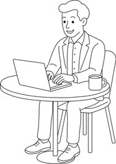 Man Working on Laptop in Coffee Shop – Line Illustration