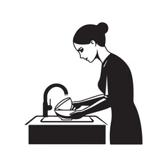 Vector illustration of dishwashing activity, featuring hands cleaning dishes with soap and water isolated on a white background.