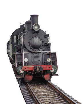 old steam locomotive on rails isolated