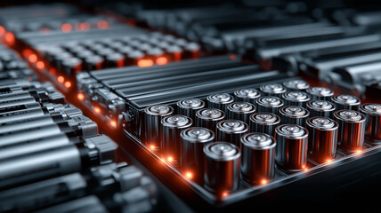 Close up of various batteries arranged rows, showcasing modern battery technology with futuristic glow. image highlights cylindrical and rectangular batteries, emphasizing innovation and energy