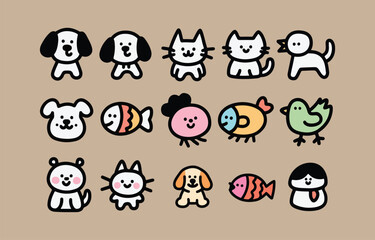 Fototapeta premium Cute hand-drawn pet illustrations: dogs, cats, birds, and fish; cheerful, playful style.