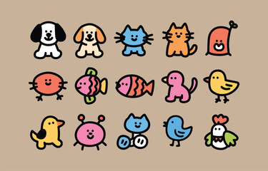 Obraz premium Cheerful cartoon animal icons: playful pets, fish, and birds in a vibrant, minimalist style.