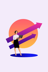 Collage of person man woman analyzing financial data with rising arrows symbolizing growth success...