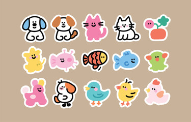 Obraz premium Cute cartoon animal stickers: playful, colorful, whimsical pet illustrations for kids.