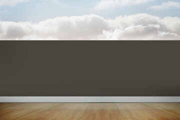 Dark gray wall panel is spanning center in flat design showing wooden floor, baseboard, cloudy sky