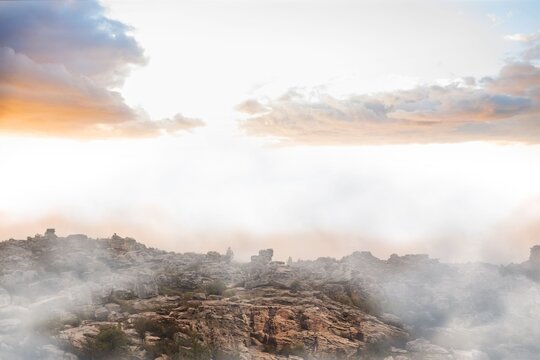 Fototapeta Rocky ridge and boulder-strewn plateau are glowing under golden hour light in flat illustration