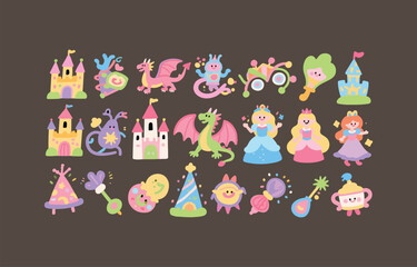 Naklejka premium Whimsical Pastel Princess Castle Party: Cute Dragons, Fairies, and Magical Elements