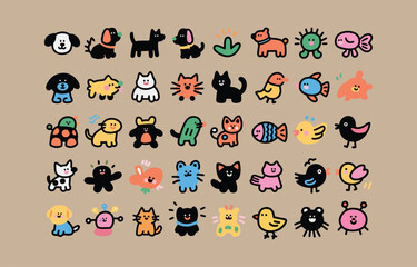 Fototapeta premium Cheerful cartoon animal icons: playful pets, birds, and aquatic creatures in bold colors.