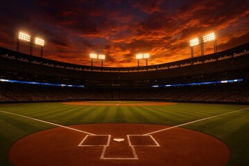 Sunset baseball field with dramatic lighting and empty diamond view. Concept of sport venue, preparation, expectation, atmosphere, and media storytelling in athletic context.