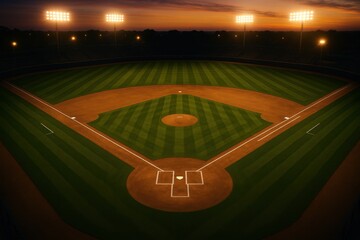 Sunset baseball field with dramatic lighting and empty diamond view. Concept of sport venue, preparation, expectation, atmosphere, and media storytelling in athletic context.