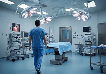 Surgeon in Scrubs Walking Towards Operating Table in Modern Surgical Theater