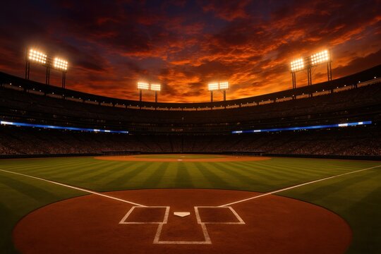 Sunset baseball field with dramatic lighting and empty diamond view. Concept of sport venue, preparation, expectation, atmosphere, and media storytelling in athletic context.
