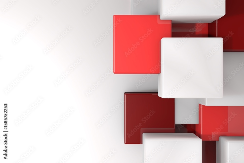 Poster glossy 3d cubes are emerging from right edge of smooth white gradient in digital 3d render