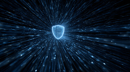 Glowing Shield in Futuristic Data Tunnel with Blue Light Streaks