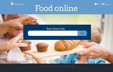 Landing page showing flat kitchen UI with search bar, serving board holding muffins and bread