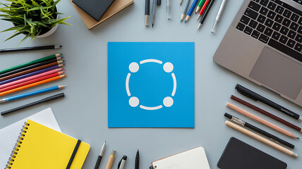 A blue square with a white sharing icon is centered on a grey desk surrounded by a laptop and various stationery items.