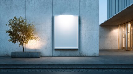 High-quality photo of square light box empty display on beige concrete wall outdoors, mock up.