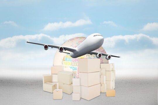 Fototapeta Illustration of airplane flying over globe and boxes