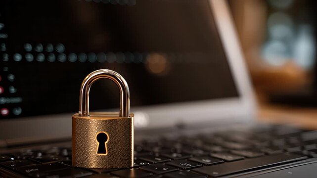 A brass padlock sitting on a laptop keyboard symbolizes online security and data protection.